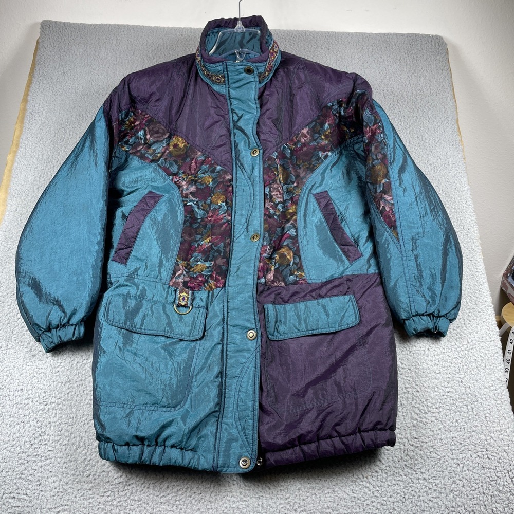 VTG  P.A. Originals Jacket Coat Womens Medium Gold Black Teal Full Zip Snap Cozy